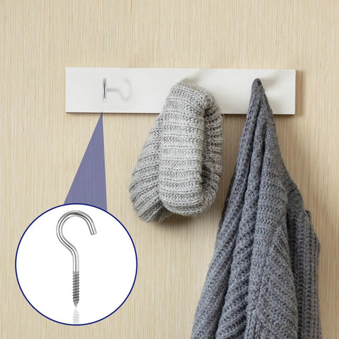 Ten Pack Tough As Nails 304 Stainless Steel Screw Eye Hooks Two Point Five Inch Heavy Duty self tapping ring holding a gray mitt.
