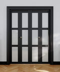 Front view of Ready To Install Bifold Closet Door Set For 64x80 Openings With 3 Lite Tempered Frosted Glass Panels, Pre Assembled Black PVC Surface