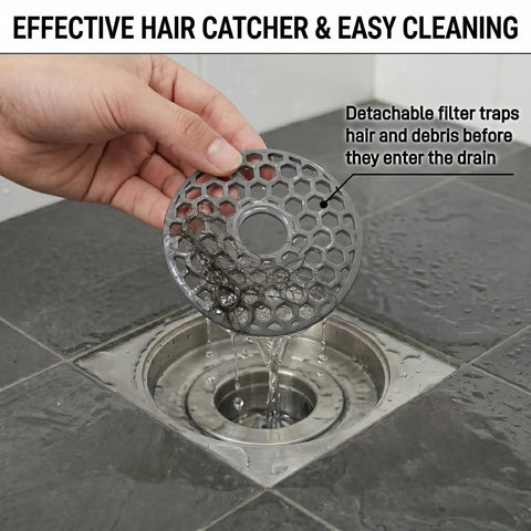 Heavy Duty 2 Inch Shower Floor Drain Stopper With Magnetic Backflow Preventer And Flexible Silicone Seals To Kick Those Funky Sewer Smells To The Curb And Keep Your Basement Floor Dry, showing a hand holding a hair-catching filter.