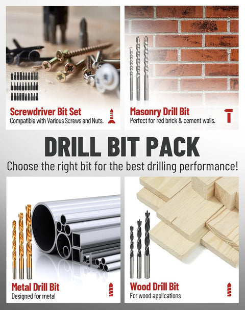 Drill bit pack with masonry, screwdriver, metal, and wood bits for Beast Mode 20V Brushless Hammer Drill Kit With 531 In-Lbs Torque And 36000 BPM.
