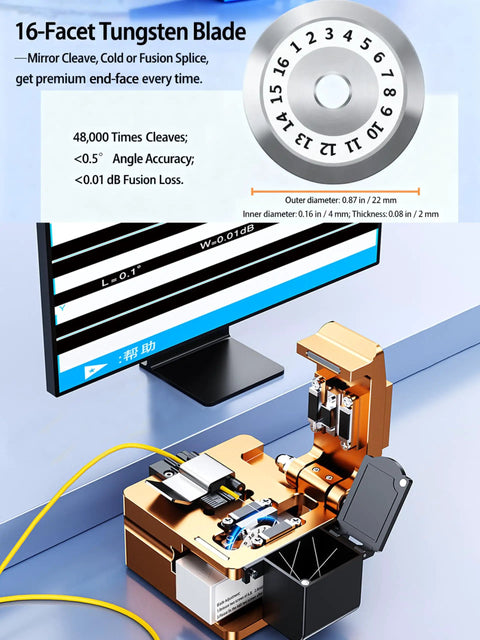 Pro FTTH Fiber Optic Cleaver with 16-face tungsten blade, display showing precision and blade wear; for 125 micron bare fiber.