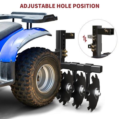 Heavy-Duty 28 Inch Disc Plow Harrow With Universal 2 Inch Receiver Hitch Pull-Behind Plow For Tractor ATV UTV Adjustable Height To Level Land Durable Black Build attached to ATV