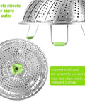 Vegetable Steamer Basket For Cooking Stainless Steel Folding Expandable Steaming Insert With Extendable Handle Fits Pots 5.1 To 9 Inches Non Rust Easy Clean Healthier Meals And Even Cooking, side view showing silicone feet and foldable design