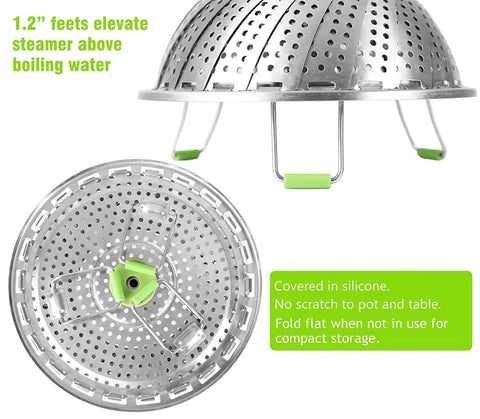 Vegetable Steamer Basket For Cooking Stainless Steel Folding Expandable Steaming Insert With Extendable Handle Fits Pots 5.1 To 9 Inches Non Rust Easy Clean Healthier Meals And Even Cooking, side view showing silicone feet and foldable design