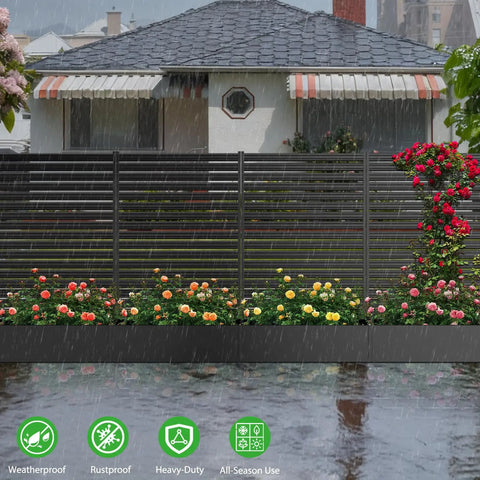 No-Dig Metal Patio Privacy Fence Screen With Planter Box For Outdoors, 73.8 In H By 45.3 In W in rainy garden
