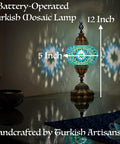 Blue Mosaic Battery-Operated Table Lamp With Handcrafted Stained Glass, Cordless And Portable For Indoor Outdoor Use, 12 Inches Tall