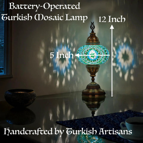 Blue Mosaic Battery-Operated Table Lamp With Handcrafted Stained Glass, Cordless And Portable For Indoor Outdoor Use, 12 Inches Tall