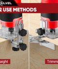 Heavy Duty 800W Compact Wood Router With 30000 RPM Kick And Complete 15 Piece Bit Set For Smooth Edge Trimming And No Sweat Woodworking Results On Any Project, showing straight and trimming use methods.