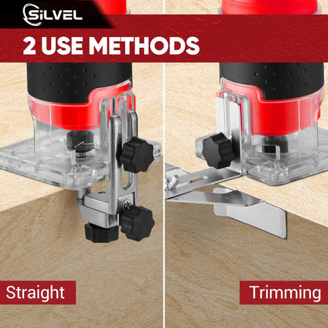 Heavy Duty 800W Compact Wood Router With 30000 RPM Kick And Complete 15 Piece Bit Set For Smooth Edge Trimming And No Sweat Woodworking Results On Any Project, showing straight and trimming use methods.