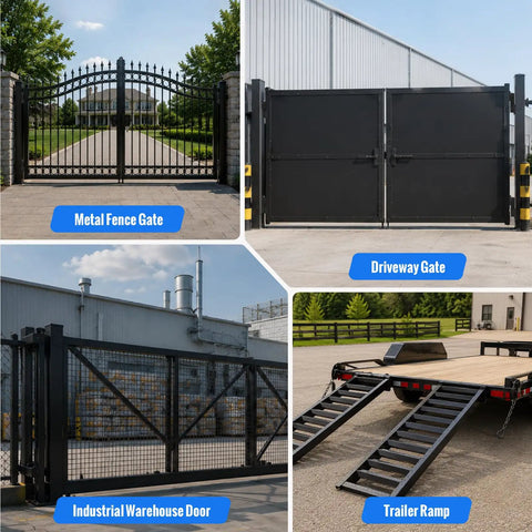 Image showing applications of Beefy 7 Inch Weld On Barrel Hinges 4 Pack used on metal fence gate, driveway gate, warehouse door, trailer ramp.