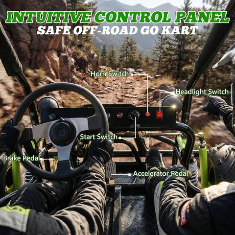 Intuitive control panel of gas powered go kart for adults and kids with premium steel tubular frame off road kart.