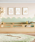 Full Size Floor Platform Bed For Toddlers With Full Length Guardrails On Three Sides Keeps Kiddo Sleepers Safe From Rolling Off