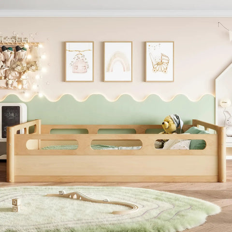 Full Size Floor Platform Bed For Toddlers With Full Length Guardrails On Three Sides Keeps Kiddo Sleepers Safe From Rolling Off