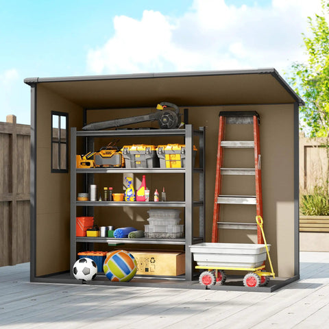 Open 8x4 Outdoor Storage Shed Waterproof Resin with floor, window, shelves, and ladder in backyard