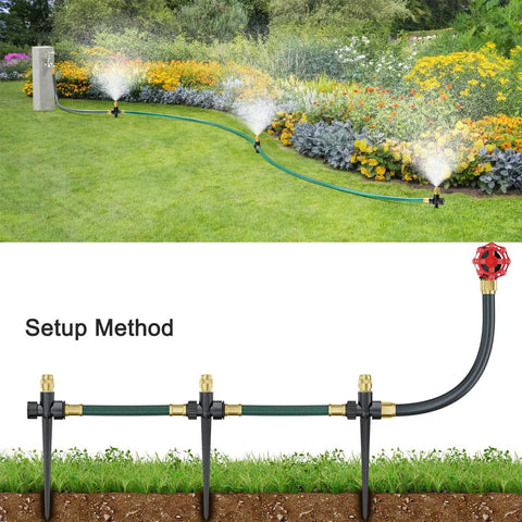 Above Ground Garden Sprinkler System With Metal Adjustable Heads, 360 Degree Coverage in Lawn and Flower Bed Setup Method