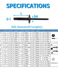 Specifications of Aluminum Blind Rivets Set, 60 Pieces, 3/16 x 3/4 Inch Pop Rivets, Black Finish with size chart and dimensions.