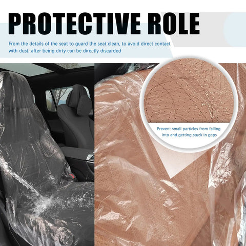 Disposable Car Seat Covers 25 Pack Portable Seat Protectors For Cars Keep Your Seats Dust Free And Clean Transparent Auto Interior Shields Easy To Use Travel Ready Mess Proof Seat Cover Kit, showing protective coverage of car seats with texture detail in inset.