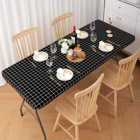 Waterproof Elastic Fitted Vinyl Table Cover 30x72 With Flannel Backing, Durable Outdoor Tablecloth For Picnic And Camping, Black