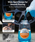 Foam Cannon For Pressure Washer With Wide Neck And Adjustable Nozzle Snow Foam Blaster For Car Wash 1/4 Inch Quick Connector 1 L Clear Bottle 1000-3000 PSI Not For Garden Hoses being filled with blue solution near a car wheel.