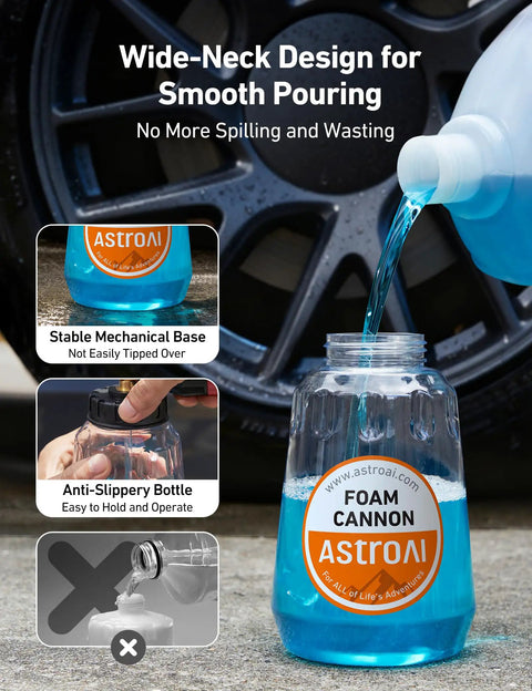 Foam Cannon For Pressure Washer With Wide Neck And Adjustable Nozzle Snow Foam Blaster For Car Wash 1/4 Inch Quick Connector 1 L Clear Bottle 1000-3000 PSI Not For Garden Hoses being filled with blue solution near a car wheel.
