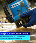 1/2 HP Submersible Trash Pump With Thermoplastic Body Delivers 2370 GPH High Flow Sewage Water Removal For Basements Sumps Wells Portable Design 10ft Power Cord Plug And Play Setup being used in water with glove-covered hand
