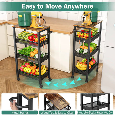 Ultra Durable Slim Utility Storage Cart On Wheels With Wood Top And Metal Frame Four Tier Narrow Rolling Organizer