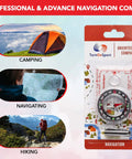 Packaging of hiking and backpacking compass for quick navigation, featuring 360 degree bezel and liquid filled needle.