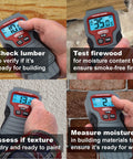 Four images showing the 7440 AccuMASTER XT Digital Moisture Meter Handheld Pin Type With Backlit LCD Display in use on various surfaces.