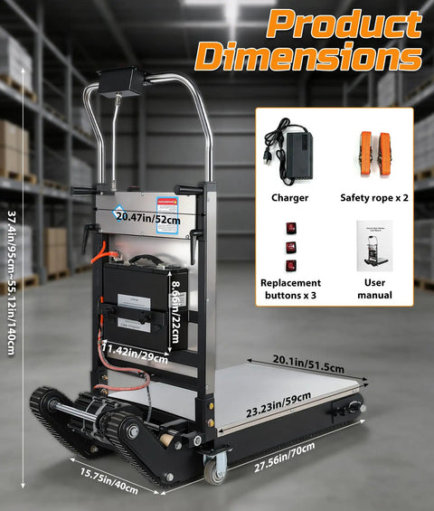 Heavy Duty Electric Stair Climbing Dolly With 900 Lb Capacity And 1250W Motor dimensions in warehouse setting, showcasing parts and sizes.