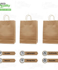 Large Brown Paper Bags With Handles 14x8x16 Inches Bulk Takeout Grocery Gift Bags For Food Service Retail Catering Office Travel Party Events 400 Count displayed with advantages shown as durable, lightweight, eco-friendly, natural, strong-grip, reusable icons.