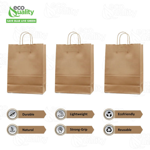 Large Brown Paper Bags With Handles 14x8x16 Inches Bulk Takeout Grocery Gift Bags For Food Service Retail Catering Office Travel Party Events 400 Count displayed with advantages shown as durable, lightweight, eco-friendly, natural, strong-grip, reusable icons.