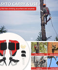 Pro Grade Tree Climbing Spikes Kit With Adjustable Steps, images showing spikes and use in tree climbing, logging, fruit picking.