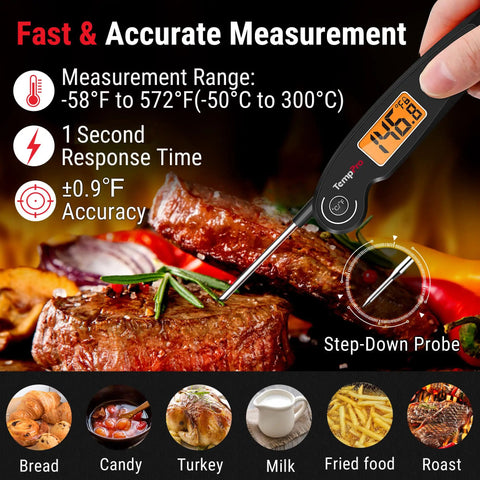 Instant Read Meat Thermometer With 1-Second Accuracy in action reading steak temperature, large backlit LCD, foldaway probe.