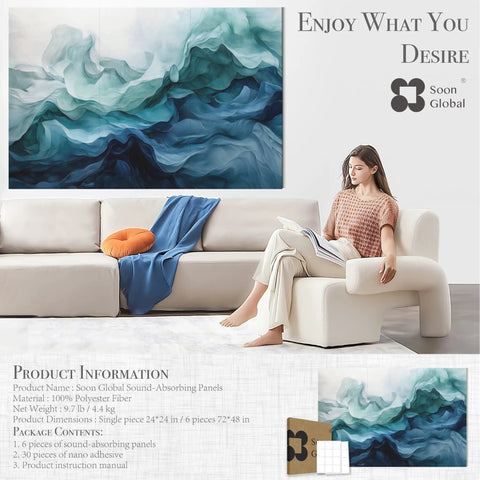 Premium Acoustic Wall Panels Amp Up Your Room Tone with Dazzling Aqua Dreams Artistry Made from Heavy Duty Polyester Fiber These Soundproofing Tiles Soak Up Echoes and Zaps Noise Great for Home Gym or Podcast Corner while Slaps Style on Walls in a stylish living room setting.