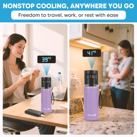Rock Solid Electric Breast Milk Cooler Featuring Dual Four Ounce Insulated Storage Bottles, Usb C Powered Portable Nursing Chiller for on-the-go use.