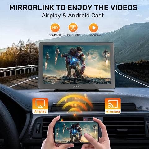 Wireless CarPlay Screen For Cars 9 Inch HD Touchscreen Portable Car Stereo with Android Auto, showing movie display in car dashboard.