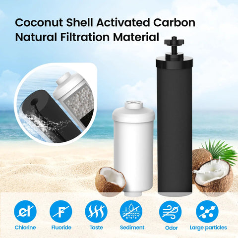 Gravity Water Filter No-Fuss Replacement Kit for Berkey BB9-2 Black and PF-2 Fluoride Filters on beach with coconut shells