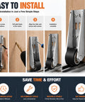 Heavy Duty No Wobble Sliding Door Roller Wheels Vertical Track Bottom Support Fix For Barn Cabinet Gate And Furniture Stability Hardware Two Pack Smooth Ride Rollers Easy Install instructions showing installation steps