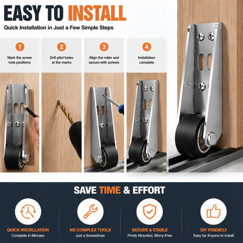 Heavy Duty No Wobble Sliding Door Roller Wheels Vertical Track Bottom Support Fix For Barn Cabinet Gate And Furniture Stability Hardware Two Pack Smooth Ride Rollers Easy Install instructions showing installation steps