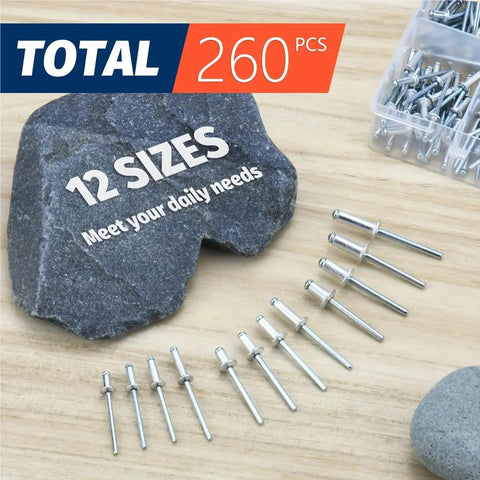 260 Piece Pro Grade Aluminum Blind Rivet Kit With 12 Sizes For Metal Work, Quick Install Pop Rivets Set, Heavy Duty Riveting Assortment For Auto, DIY, Home Projects And Fabrication Tasks. 12 sizes shown