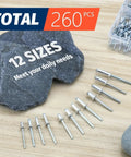 260 Piece Pop Rivets Kit 12 Sizes Aluminum Blind Rivets For Metal Furniture DIY Projects Versatile Aluminum Fasteners For Wood Metal And Plastic Assemblies. 260-piece aluminum blind rivets kit with 12 sizes displayed on wood