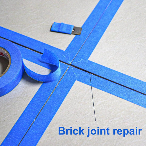 Blue Painter Tape 1 Inch By 60 Yards Six Roll Pack Pro Grade Masking Tape used on tile floor for brick joint repair, crepe backing.