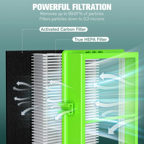 AER1 Replacement Filter Kit For Holmes And Bionaire Air Purifiers True HEPA Filter Core Plus Eight Pre Filters diagram with airflow