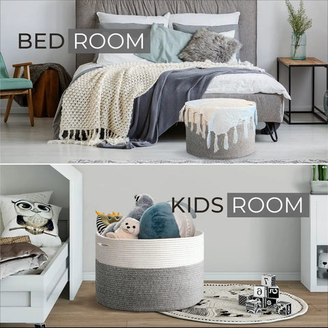 Big Woven Storage Basket For Laundry And Blankets, Extra Large Beige Cotton Organizer in bedroom and kids room settings