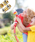 Four Set Three Quarter Inch Solid Brass Garden Hose Mender Kit With Eight Stainless Steel Clamps Eight Rubber Gaskets And One Roll Tape shown with children using hose
