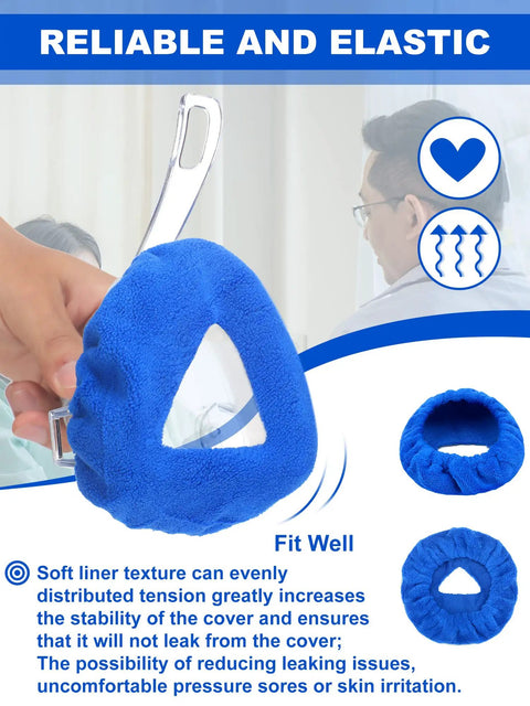 24 Pack Full Face Mask Liners For Comfy Comfort And Leak Prevention Reusable Soft Cushions in blue fleece shown in detailed close-up