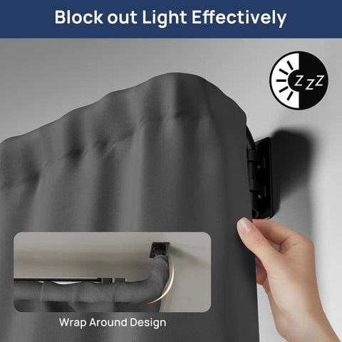 Person adjusting matte blackout curtain rod with wrap around design, blocks light effectively, smooth operation shown in close-up.