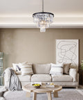 Modern Crystal Chandelier for Dining Room and Living Room, Black Round Pendant Light Fixture in stylish living room setting.