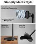 MagSafe Desk Phone Stand With Adjustable Magnetic Holder for iPhone models, featuring weighted metal base and non-slip padding.