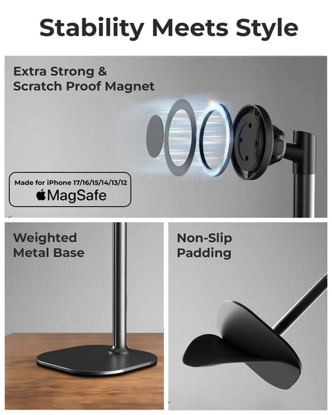 MagSafe Desk Phone Stand With Adjustable Magnetic Holder for iPhone models, featuring weighted metal base and non-slip padding.